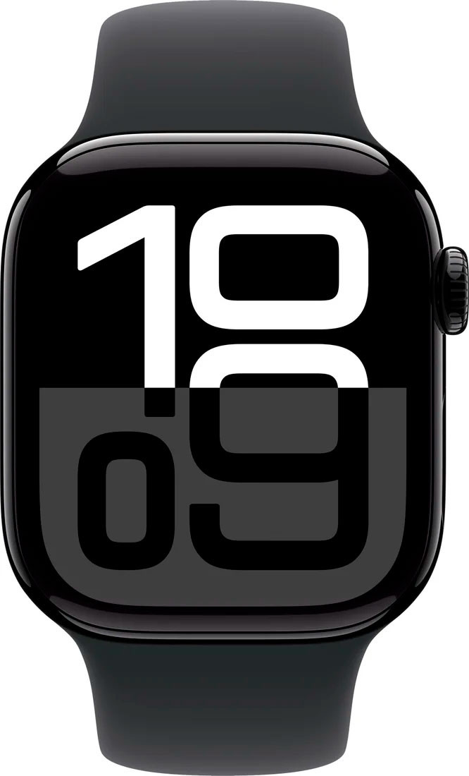 Apple Watch Series 10 42 мм (алюминиевый корпус, черный/черный, спортивный силиконовый ремешок)