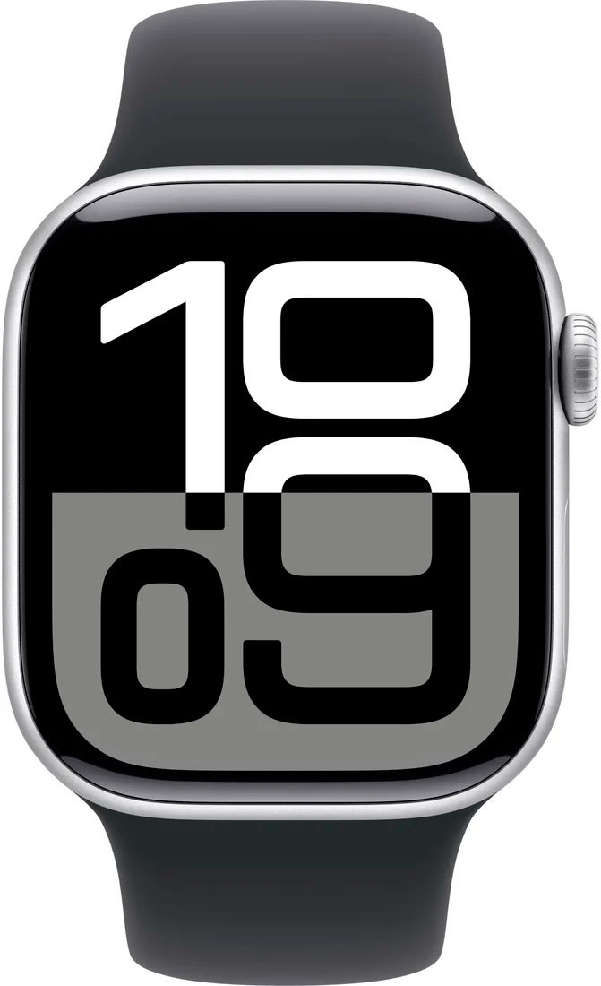 Apple Watch Series 10 42 мм (алюминиевый корпус, серебристый/черный, спортивный силиконовый ремешок)