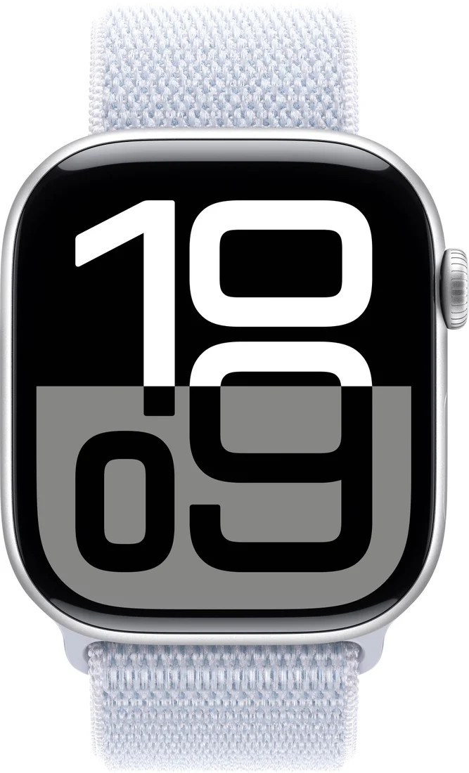 Apple Watch Series 10 42 мм (алюминиевый корпус, серебристый/голубой, нейлоновый ремешок)