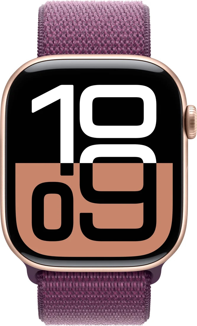 Apple Watch Series 10 46 мм (алюминиевый корпус, розовое золото/сливовый, нейлоновый ремешок)