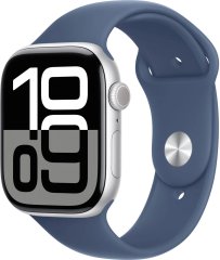 Apple Watch Series 10 46 мм (алюминиевый корпус, серебристый/синий, спортивный силиконовый ремешок)