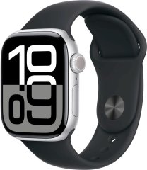 Apple Watch Series 10 42 мм (алюминиевый корпус, серебристый/черный, спортивный силиконовый ремешок)